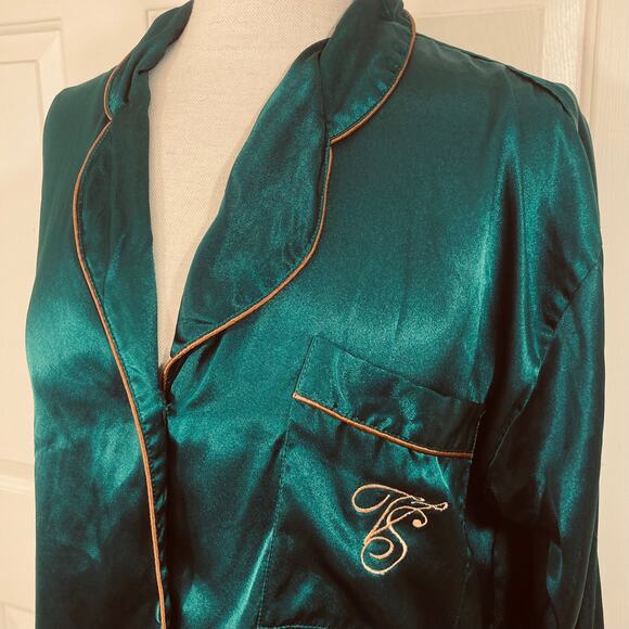 Victoria's Secret teal satin sleepshirt, Vintage gold label lingerie top - Picture 2 of 7